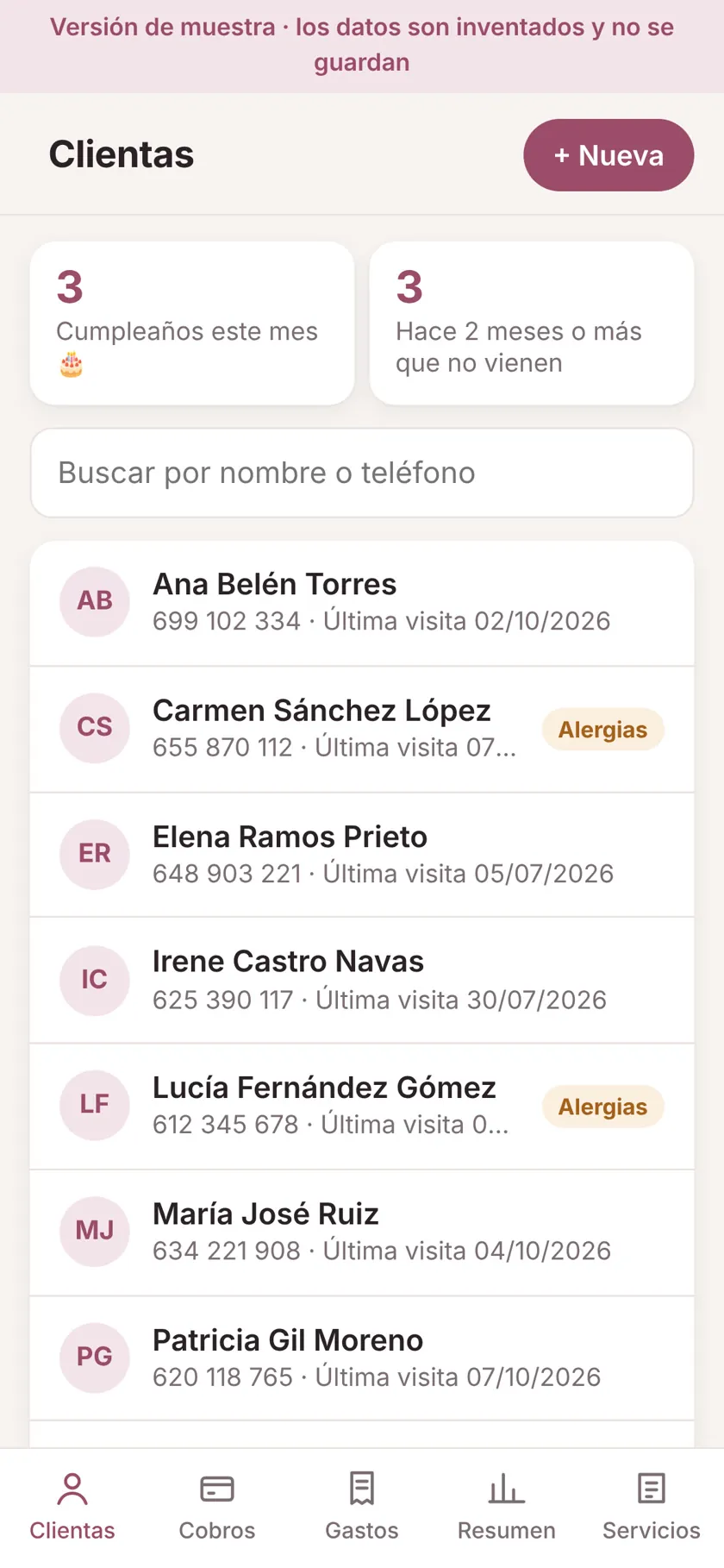 App de gestión: lista de clientas con buscador