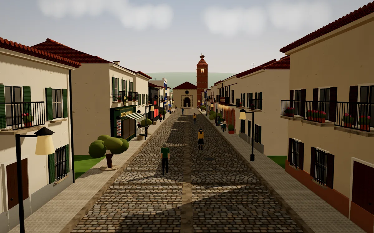 Calle de pueblo en 3D con una barbería, un bar y la torre de la iglesia